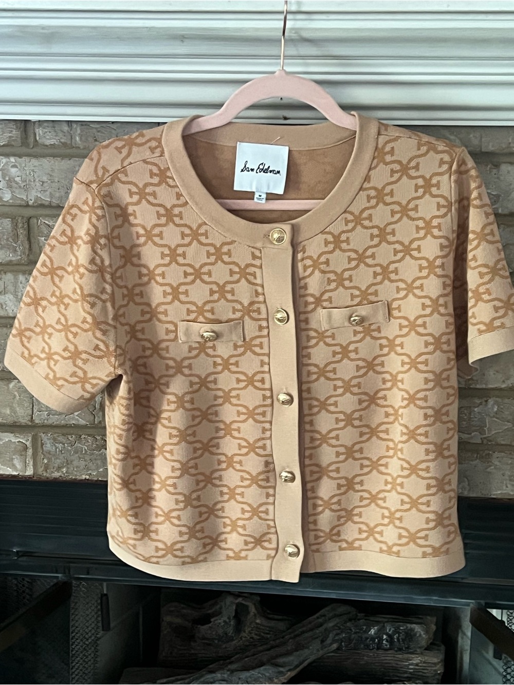 Sam Edelman Beige Knit Short Sleeve Cardigan with Gold Buttons size Med.